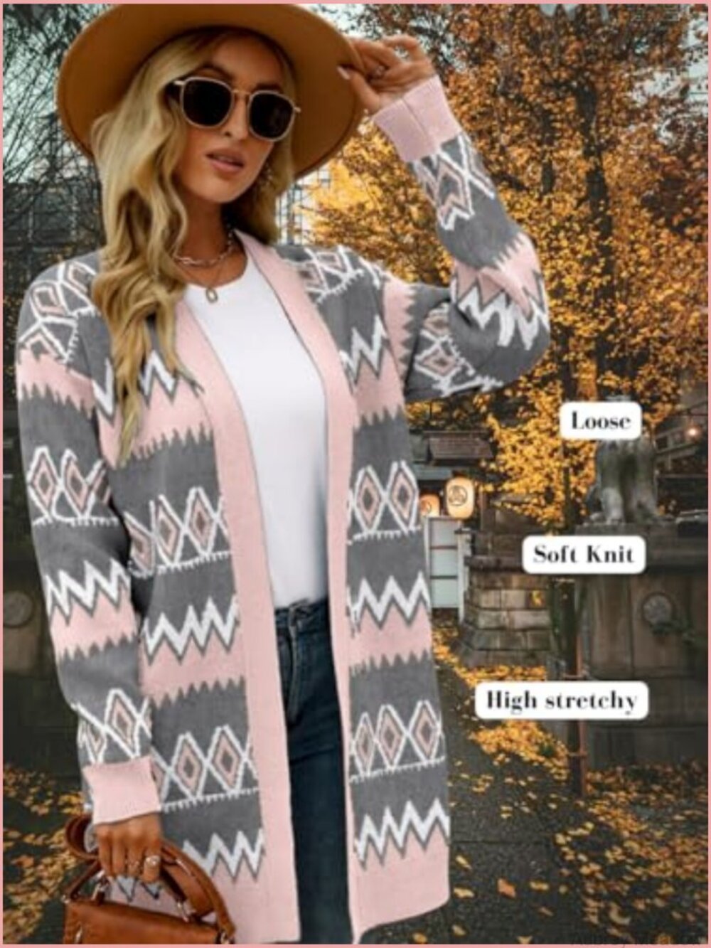 Aztec Print Long Cardigan, Open Front Knit Sweater, Lightweight - Picture 4 of 7
